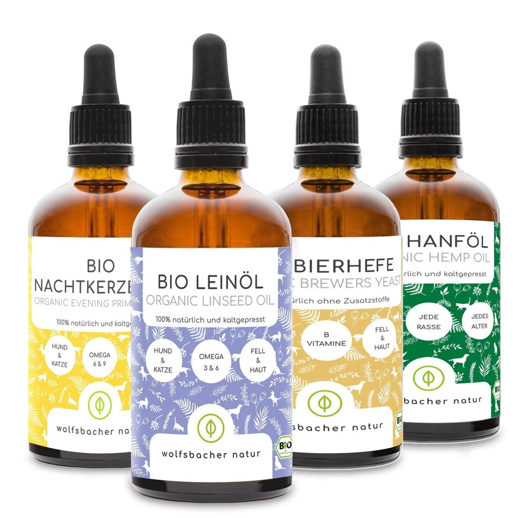 4er Bundle Öle 100ml: Leinöl, Nachtkerzenöl, Bierhefe & Hanföl - Wolfsbacher Natur - empact brands - 