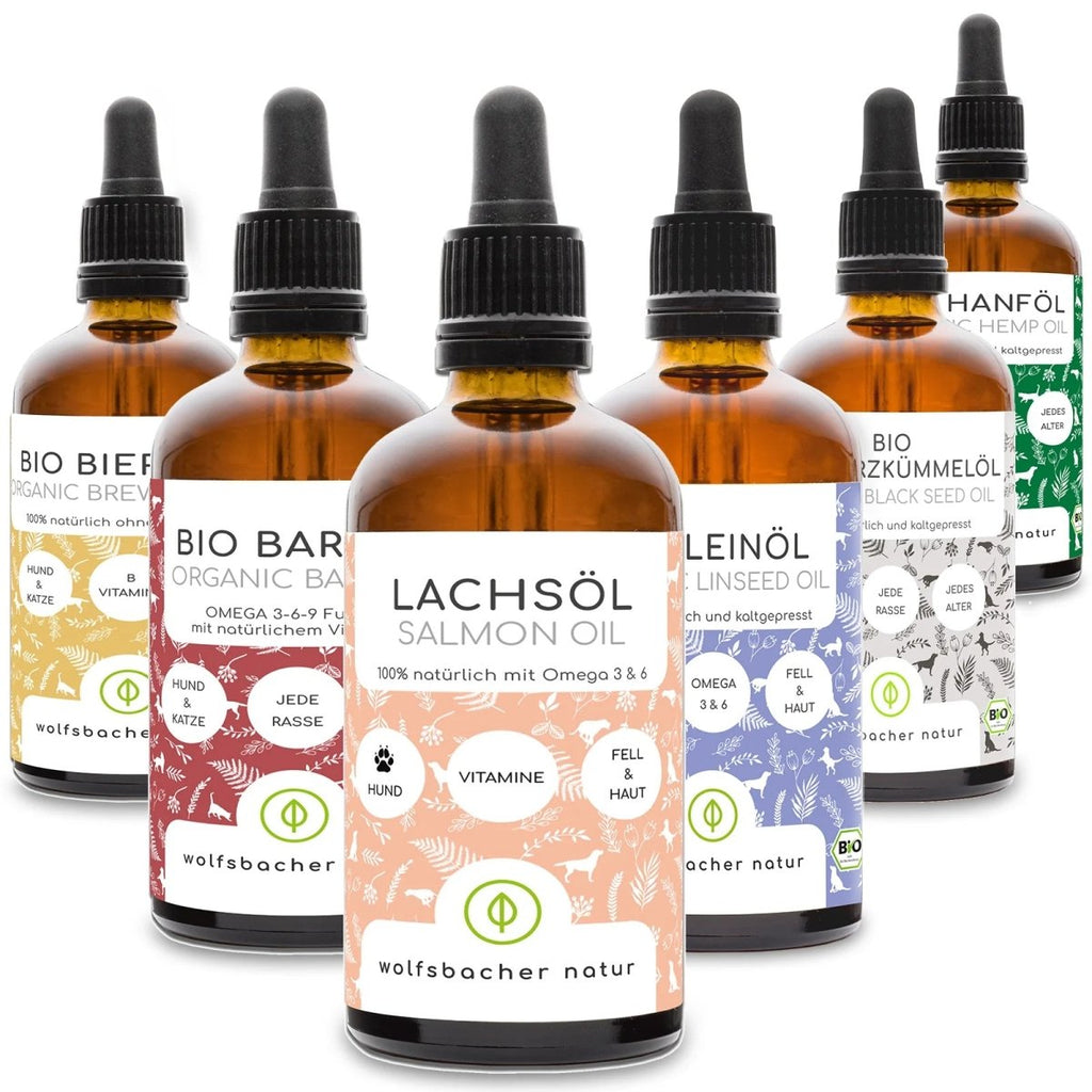 6er Bundle Öle 100ml: Lachsöl, Leinöl, Hanföl, Bierhefe, Schwarzkümmelöl & Barföl - Wolfsbacher Natur - empact brands - 