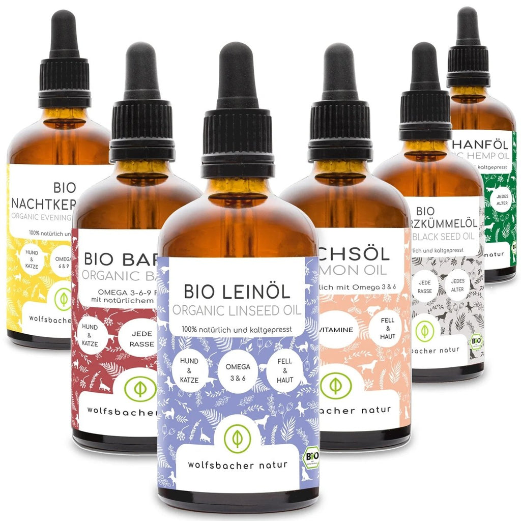 6er Bundle Öle 100ml: Lachsöl, Leinöl, Hanföl, Nachtkerzenöl, Schwarzkümmelöl & Barföl - Wolfsbacher Natur - empact brands - 