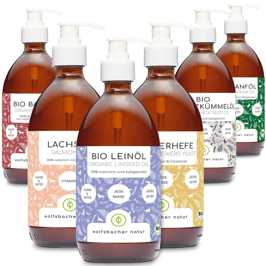 6er Bundle Öle 500ml: Lachsöl, Leinöl, Hanföl, Bierhefe, Schwarzkümmelöl & Barföl - Wolfsbacher Natur - empact brands - 